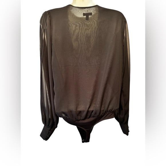 Express Plunging Chiffon Draped Black Bodysuit S Sheer Ballon Sleeve Sexy - Picture 4 of 6